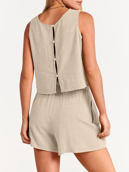Solid Color Round-Neck Vest + Elasticity Drawstring Shorts Two Pieces Set