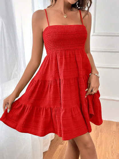 Elasticated Waist High Waisted Pleated Solid Color Split-Joint Spaghetti-Neck Mini Dresses