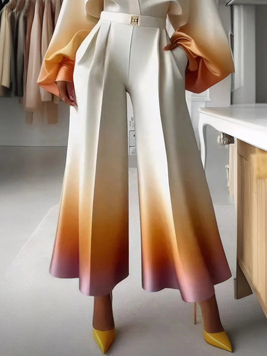 High Waisted Loose Gradient Pleated Split-Joint Pants Trousers