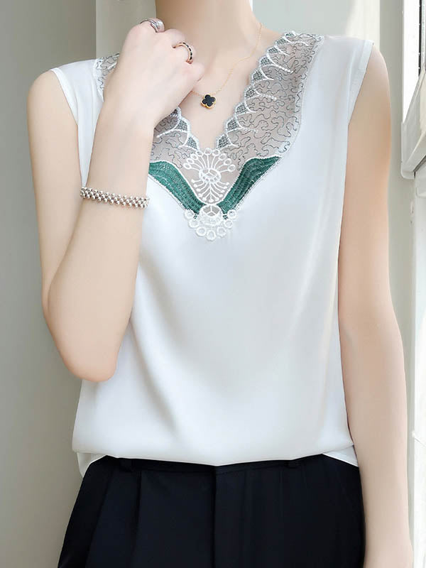 Loose Sleeveless Embroidered Mesh Split-Joint V-Neck Vest Top