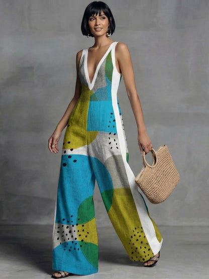 Loose Sleeveless Contrast Color Pockets Polka-Dot Printed Split-Joint Deep V-Neck Jumpsuits