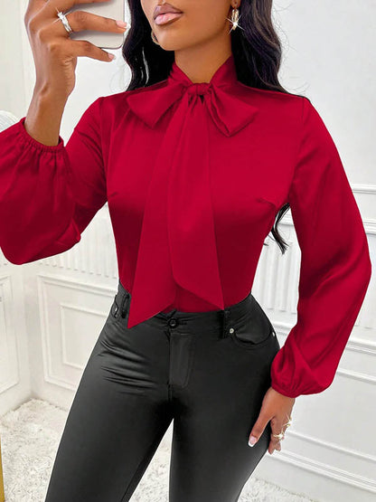 Long Sleeves Loose Bow-Embellished Pleated Solid Color Split-Joint Scarf Collar Blouses&Shirts Tops