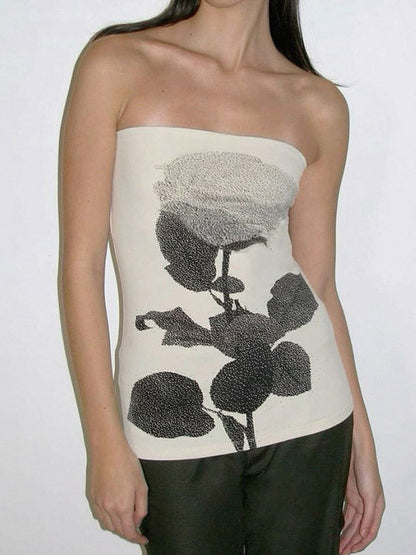 Skinny Sleeveless Contrast Color Flower Print Split-Side Tube Vest Top