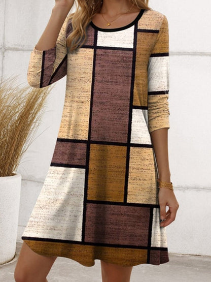 A-Line Irregularity Asymmetric Printed Split-Joint Striped Round-Neck Midi Dresses