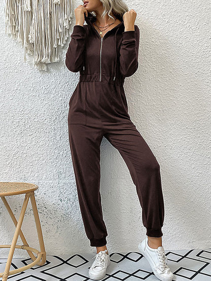 Skinny Elasticity Split-Joint Zipper Hooded Jumpsuits