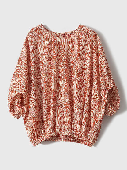 Batwing Sleeves Bow-Embellished Floral Printed Round-Neck Blouses&Shirts Tops