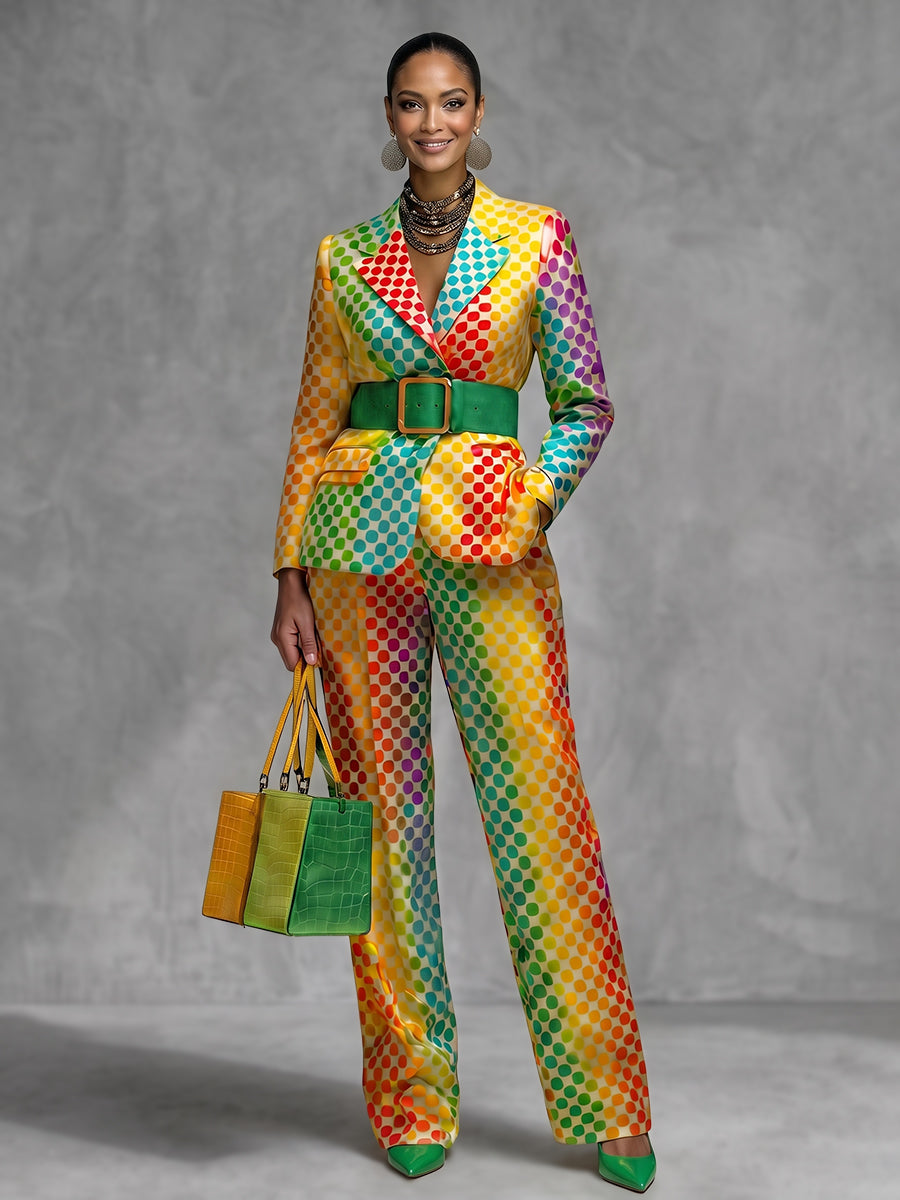 Polka-Dot Pockets Gradient Contrast Color Colorful Wide Leg Loose Trousers Suit Pants