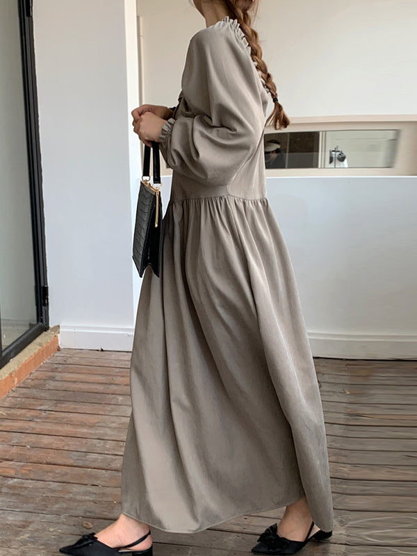 Bishop Sleeve Long Sleeves Elasticity Pleated Ruffled Solid Color Split-Joint Deep V-Neck Midi Dresses