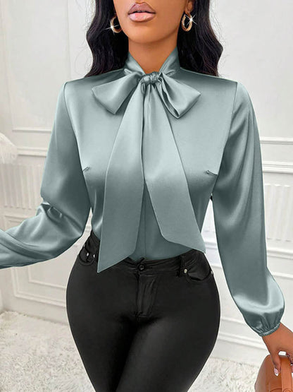 Long Sleeves Loose Bow-Embellished Pleated Solid Color Split-Joint Scarf Collar Blouses&Shirts Tops