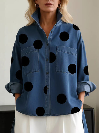 High-Low Irregularity Buttoned Contrast Color Pockets Polka-Dot Split-Joint Split-Side Stand Collar Blouses&Shirts Tops