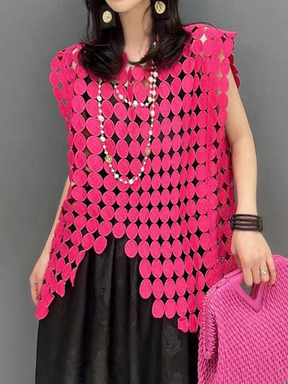 Irregular Clipping Loose Hollow Solid Color Split-Joint Round-Neck Vest Top