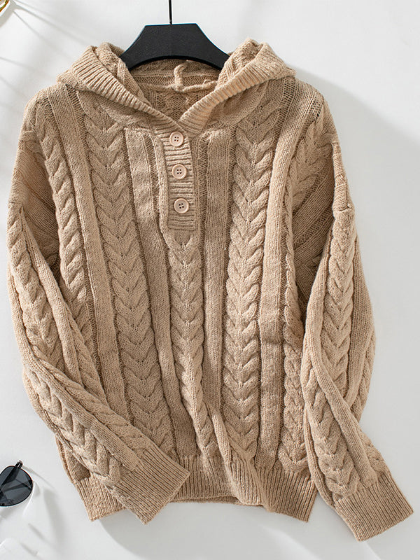 Hooded Long Sleeves Buttoned Solid Color Split-Joint Sweater Tops