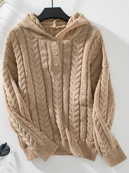 Hooded Long Sleeves Buttoned Solid Color Split-Joint Sweater Tops