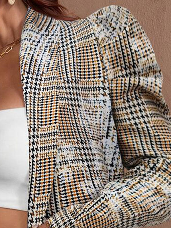 Loose Puff Sleeves Plaid Pleated Split-Joint Lapel Blazer Suits