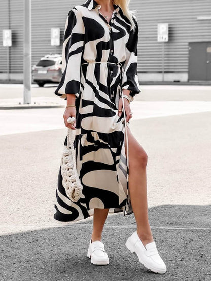 Long Sleeves Loose Contrast Color Pleated Printed Split-Joint Tied Waist Lapel Shirt Dress