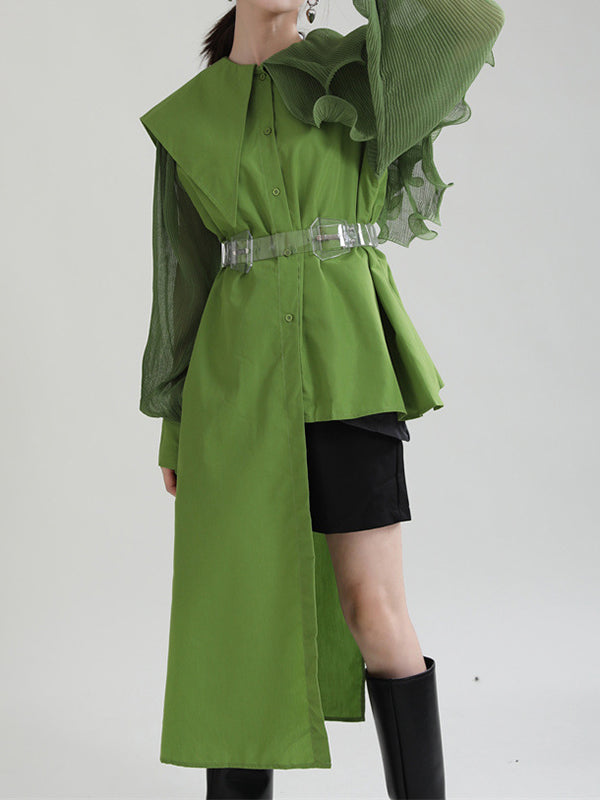 Long Sleeves Loose Asymmetric Pleated Solid Color Split-Joint Falbala Lapel Blouses&Shirts Tops