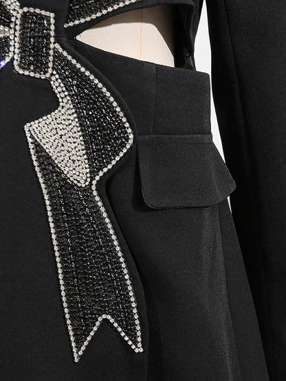 Long Sleeves Hollow Rhine Stones Notched Collar Blazer Outerwear