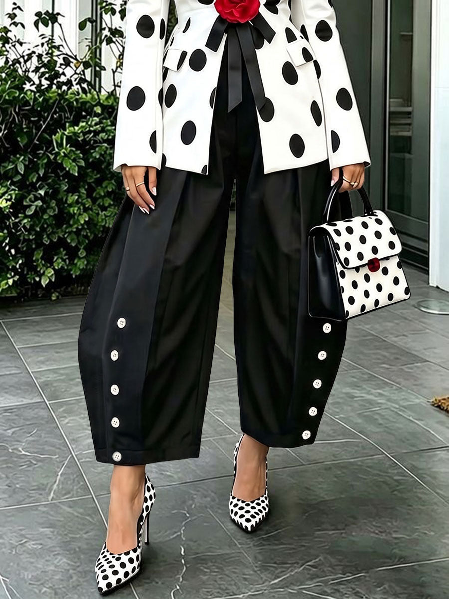 Pockets Pleated Contrast Color Buttoned Wide Leg High Waisted Trousers Pants