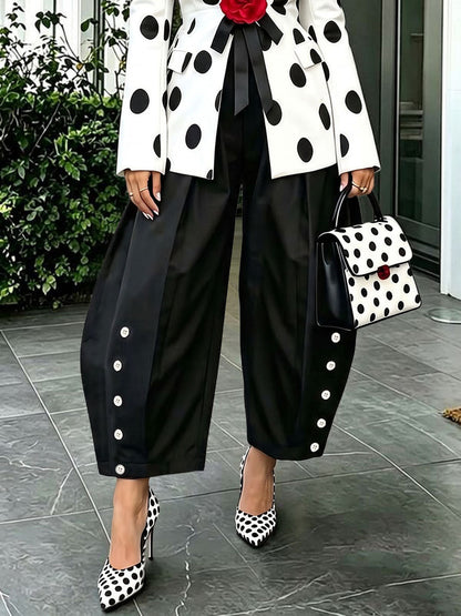 Pockets Pleated Contrast Color Buttoned Wide Leg High Waisted Trousers Pants