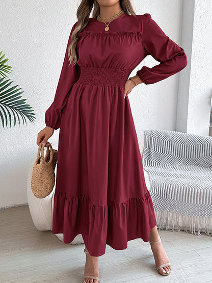 A-Line Elasticated Waist Pleated Solid Color Round-Neck Maxi Dresses