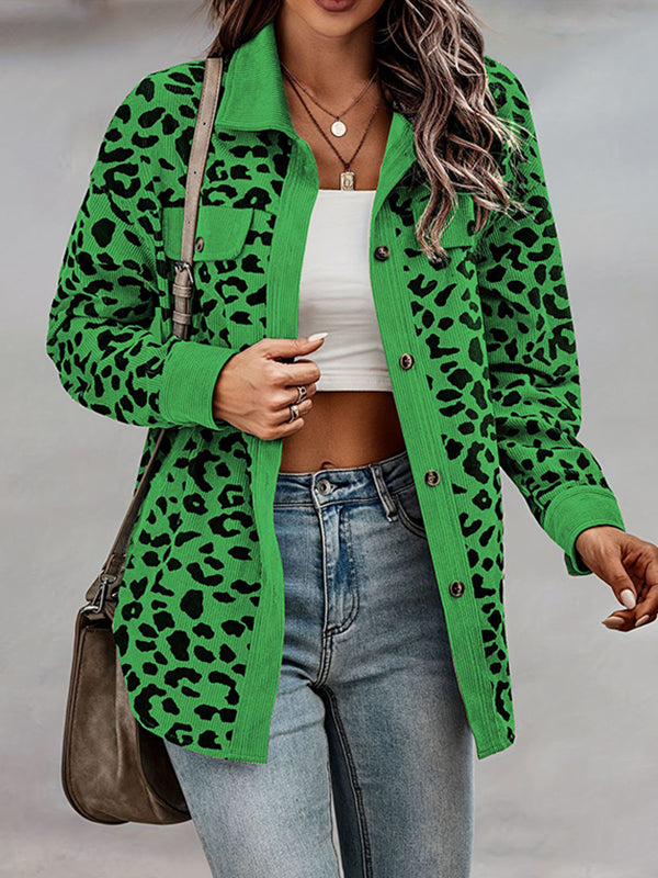 Long Sleeves Loose Buttoned Leopard Pockets Split-Joint Lapel Jackets Outerwear