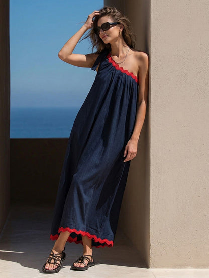 A-Line Loose Pleated Pockets Split-Joint Tied One-Shoulder Maxi Dresses