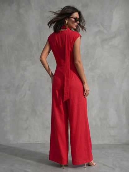 Loose Wide Leg Pockets Solid Color Streamer Deep V-Neck Jumpsuits