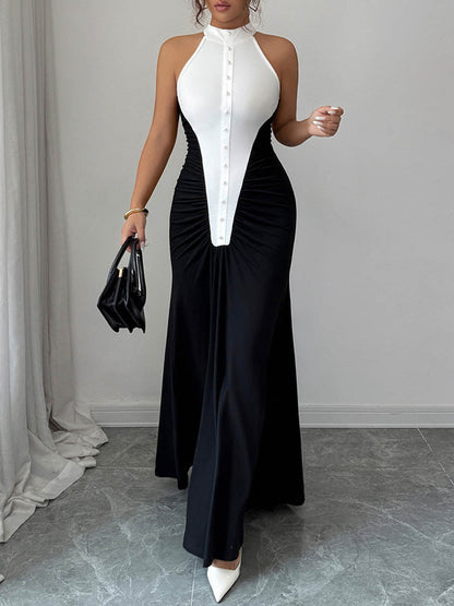 High Waisted Sleeveless Buttoned Contrast Color Pleated Split-Joint Halter-Neck Maxi Dresses