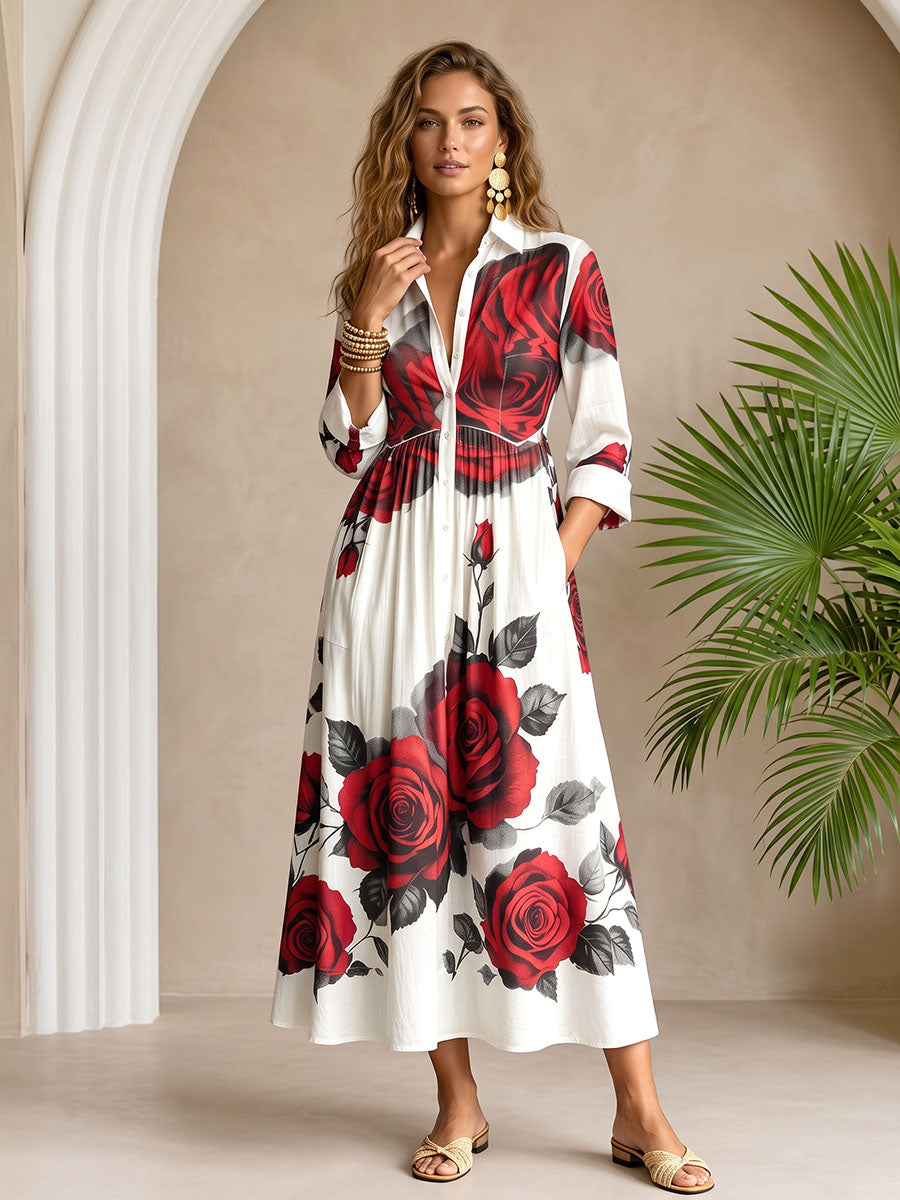 Split-Joint Pockets Pleated Flower Print Contrast Color Buttoned Three-quarter Sleeves Loose Lapel Shirt Dress Maxi Dresses