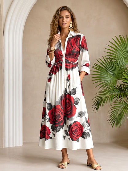Split-Joint Pockets Pleated Flower Print Contrast Color Buttoned Three-quarter Sleeves Loose Lapel Shirt Dress Maxi Dresses