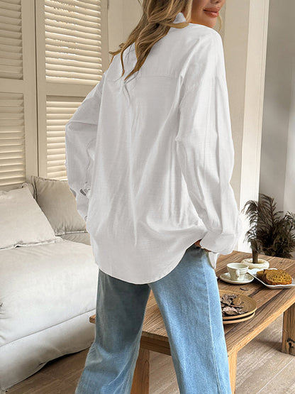 Long Sleeves Loose Buttoned Solid Color Lapel Blouses&Shirts Tops