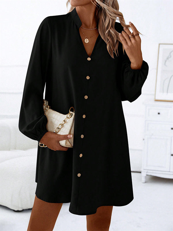 A-line Long Sleeves Buttoned Solid Color V-neck Mini Dresses