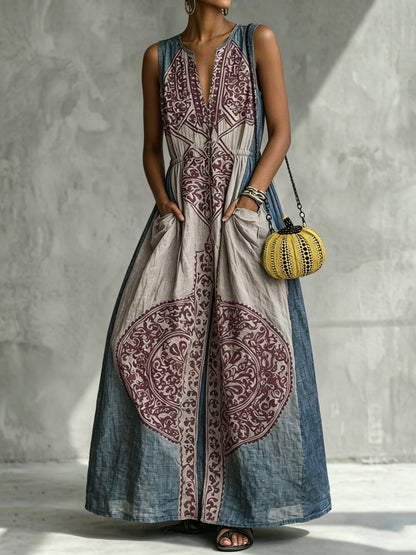 Loose Sleeveless Contrast Color Pleated Pockets V-Neck Maxi Dresses