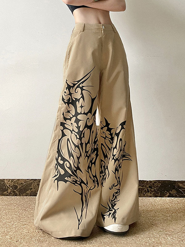 High Waisted Loose Asymmetric Printed Split-Joint Pants Trousers