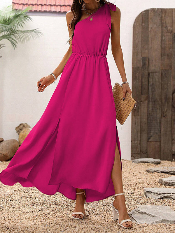A-Line High Waisted Asymmetric Elasticity Pleated Solid Color Split-Side Tied One-Shoulder Maxi Dresses