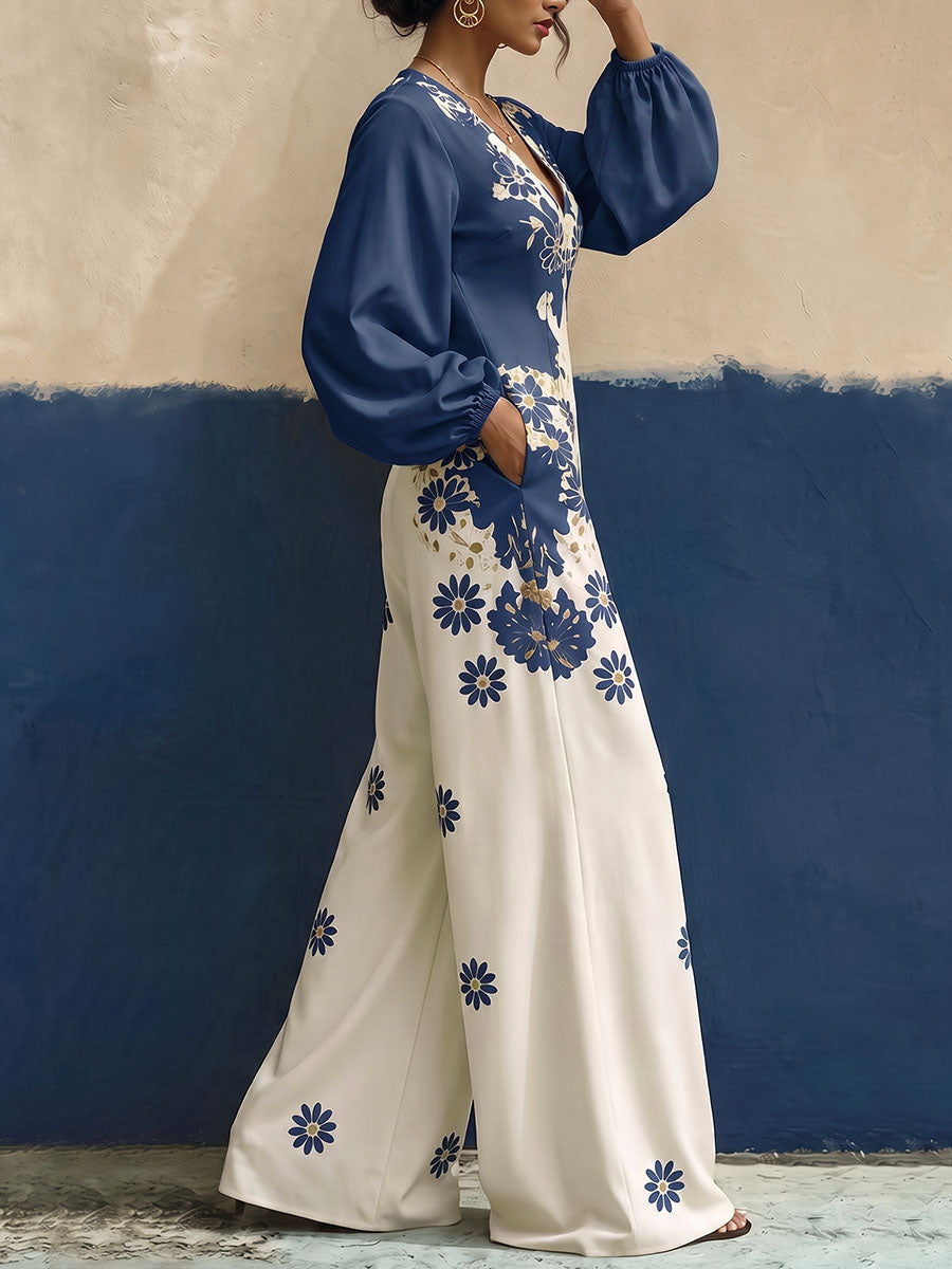 Pockets Flower Print Elasticity Contrast Color Wide Leg Long Sleeves V-neck Jumpsuits