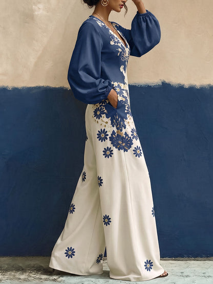 Pockets Flower Print Elasticity Contrast Color Wide Leg Long Sleeves V-neck Jumpsuits