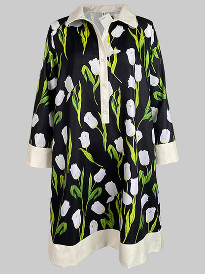 A-line Loose Buttoned Flower Print Stand Collar Mini Dresses