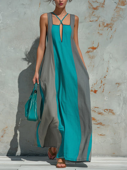 Cross-Strap Loose Backless Contrast Color Pockets Split-Joint Square-Neck Maxi Dresses