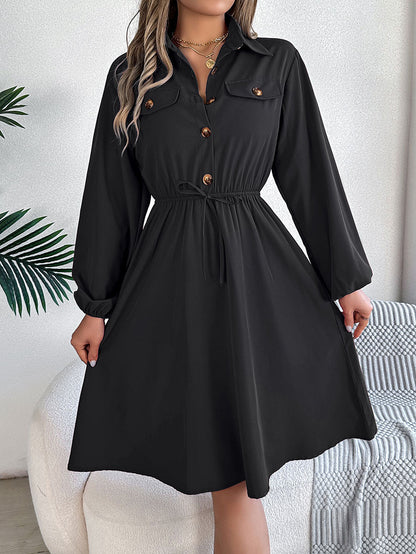 A-line Long Sleeves Buttoned Pleated Solid Color Tied Lapel Midi Dresses Shirt Dress