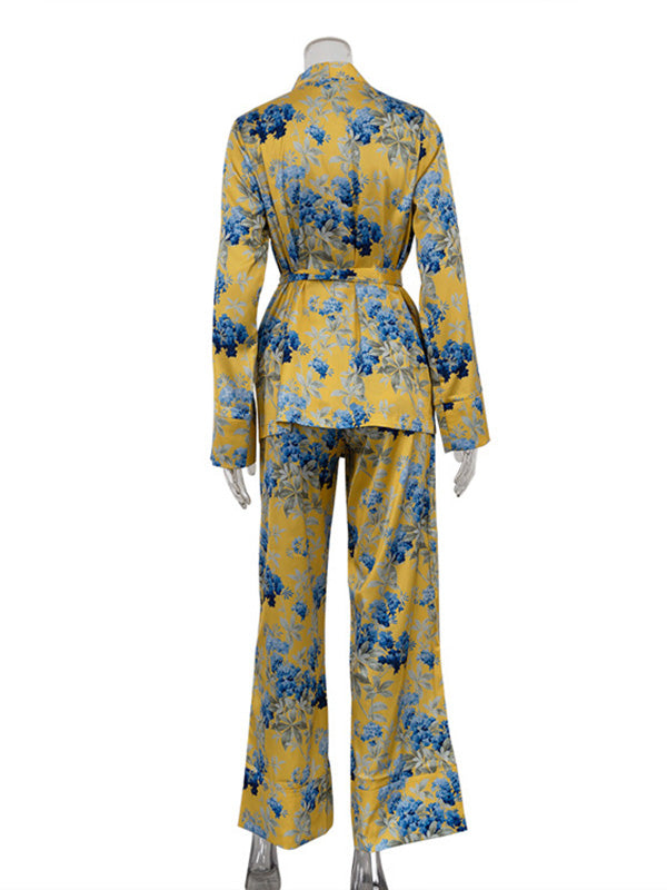 Loose Printed Split-Joint Deep V-Neck Lace-Up Blouse + Drawstring Elasticity Pants Trousers Two Pieces Set