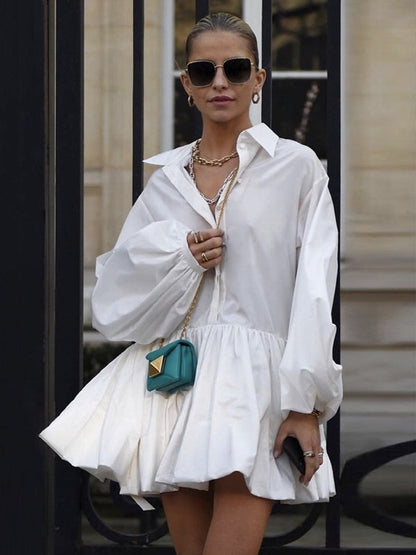Puff Sleeves Buttoned Solid Color Split-Joint Lapel Mini Dresses Shirt Dress