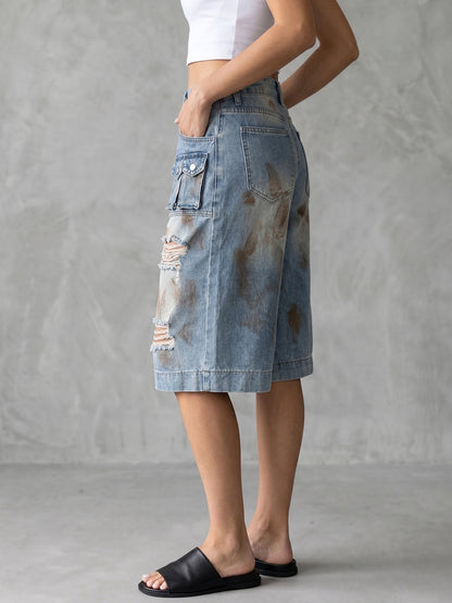 Cropped High Waisted Buttoned Hollow Pockets Split-Joint Jean Pants Bottoms