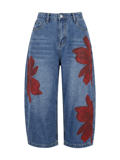Loose Wide Leg Flower Print No Belt Pockets Jean Pants Bottoms Ninth Pants