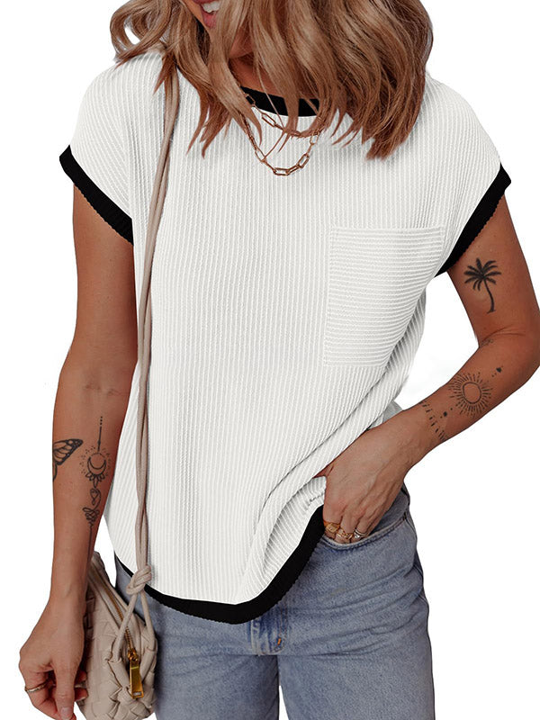 Loose Short Sleeves Colorful Contrast Color Pockets Round-neck T-Shirts Tops