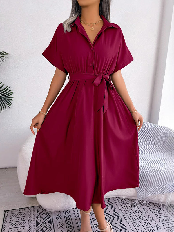 Loose Short Sleeves Solid Color Split-Joint Tied Waist Lapel Midi Dresses Shirt Dress