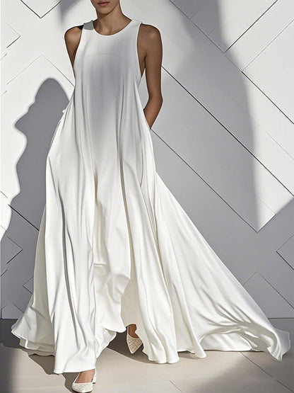 Loose Sleeveless Pockets Solid Color Split-Joint Round-Neck Maxi Dresses