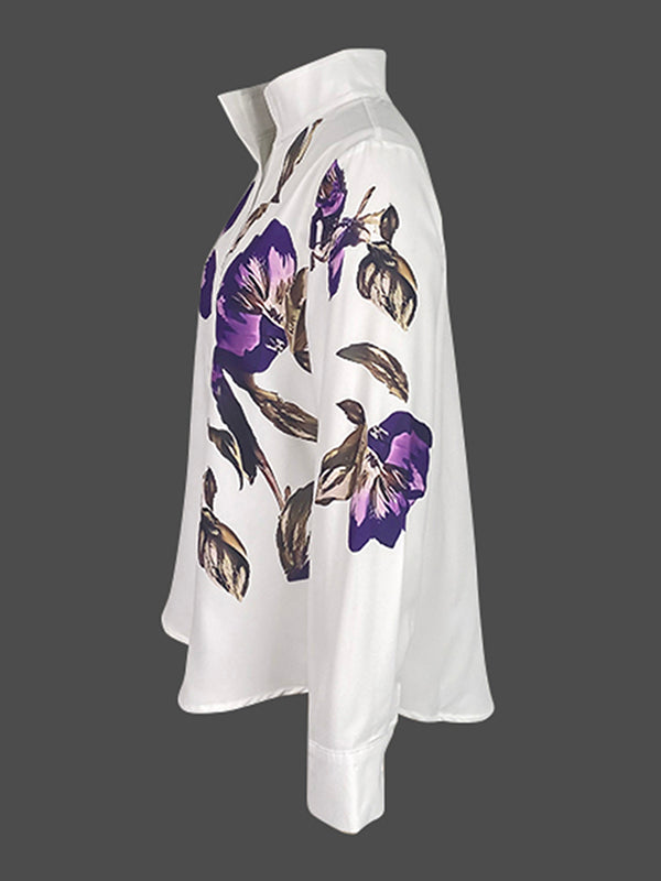 Long Sleeves Loose Flower Print Stand Collar Blouses&Shirts Tops