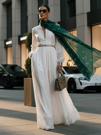 A-Line High Waisted Buttoned Hollow No Belt Pleated Pockets Solid Color Split-Joint Stand Collar Maxi Dresses Shirt Dress