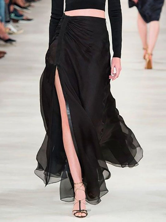 High Waisted Loose Solid Color Split-Joint Split-Side Skirts Bottoms